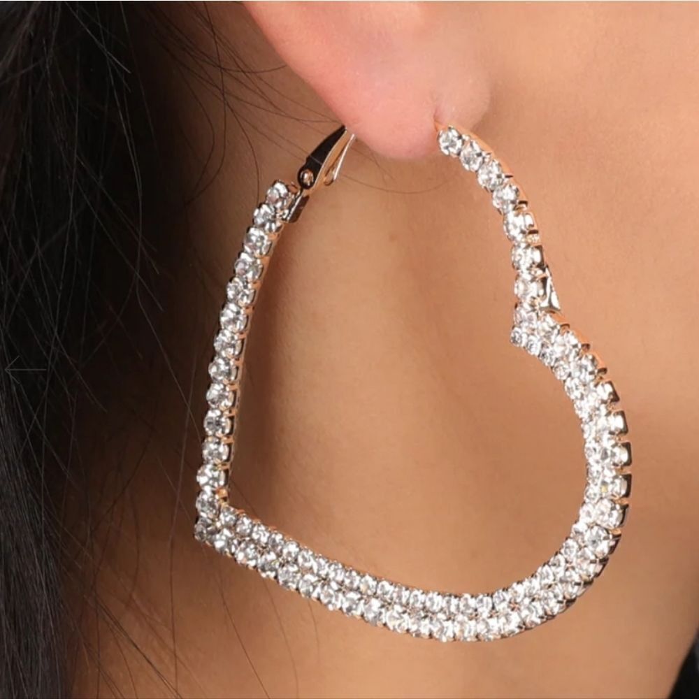 Clear Sparkle Rhinestone Heart Hoop Earrings